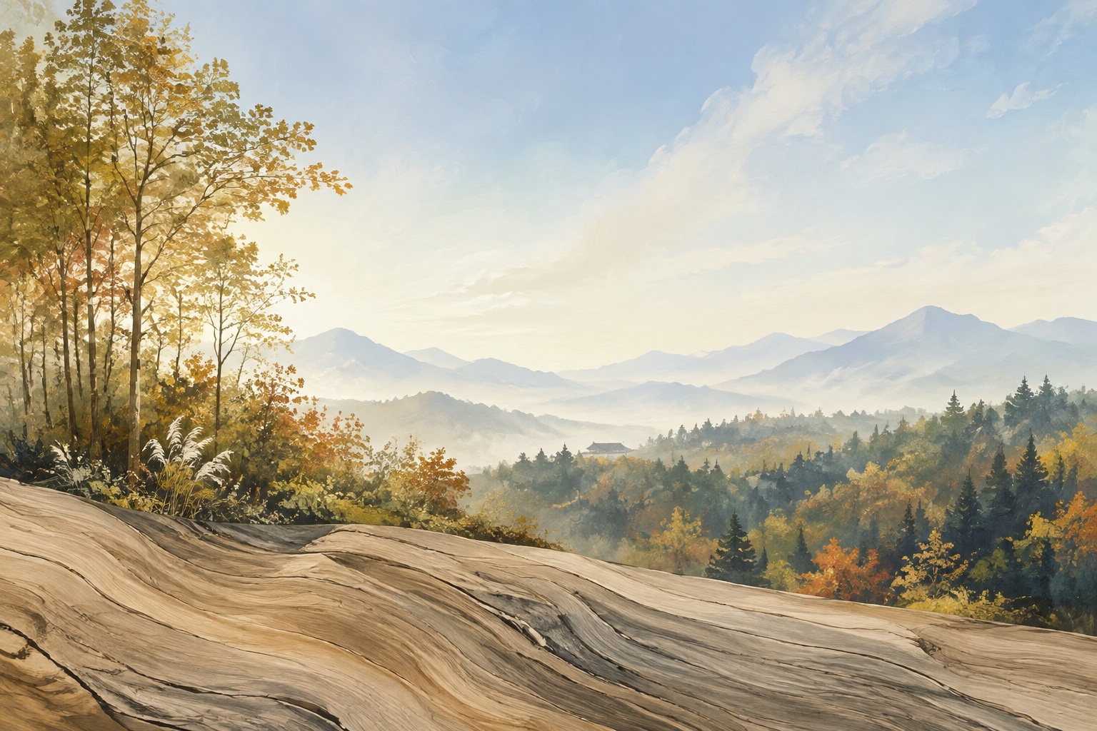 AI-generated conceptual rural landscape illustration for a Kumenan timber-house listing; not the actual property