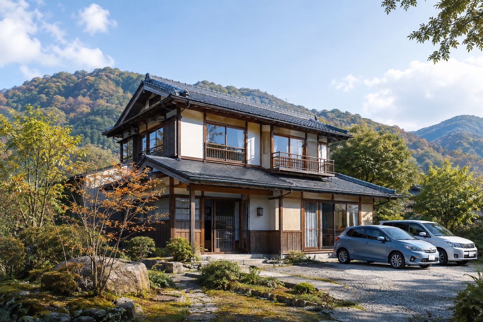 AI-generated conceptual illustration of a timber house in a Kumenan mountain settlement; not the actual property