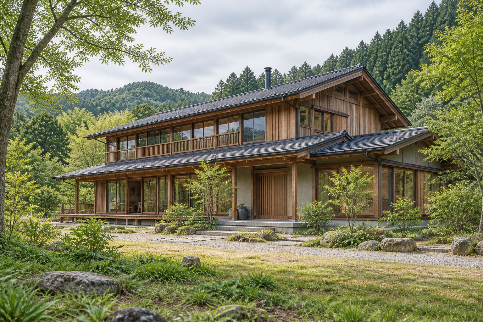 AI-generated conceptual illustration of a generic large timber house in Kumenan; not the actual property