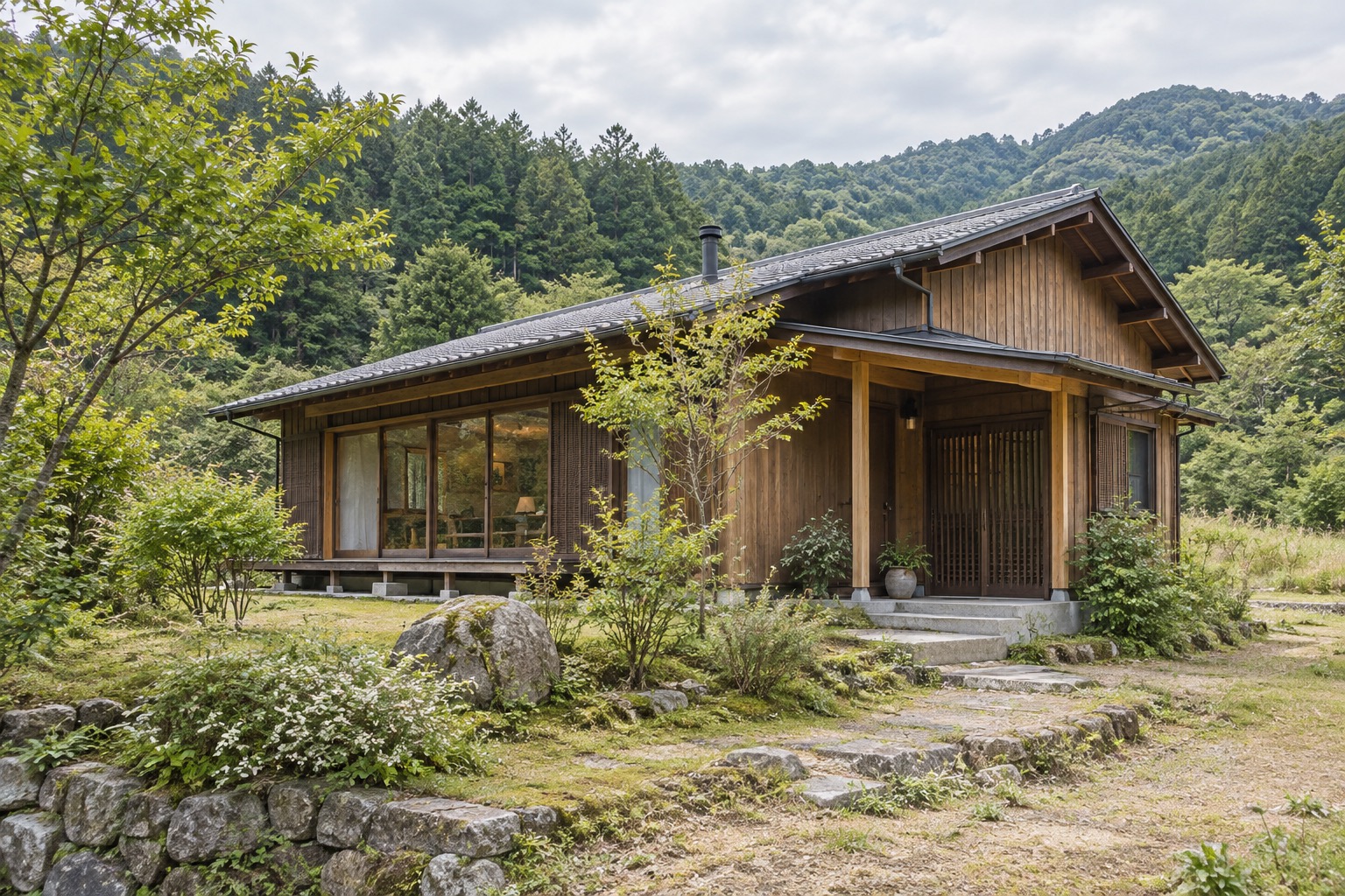 AI-generated conceptual illustration of a generic rural timber house in Kumenan; not the actual property