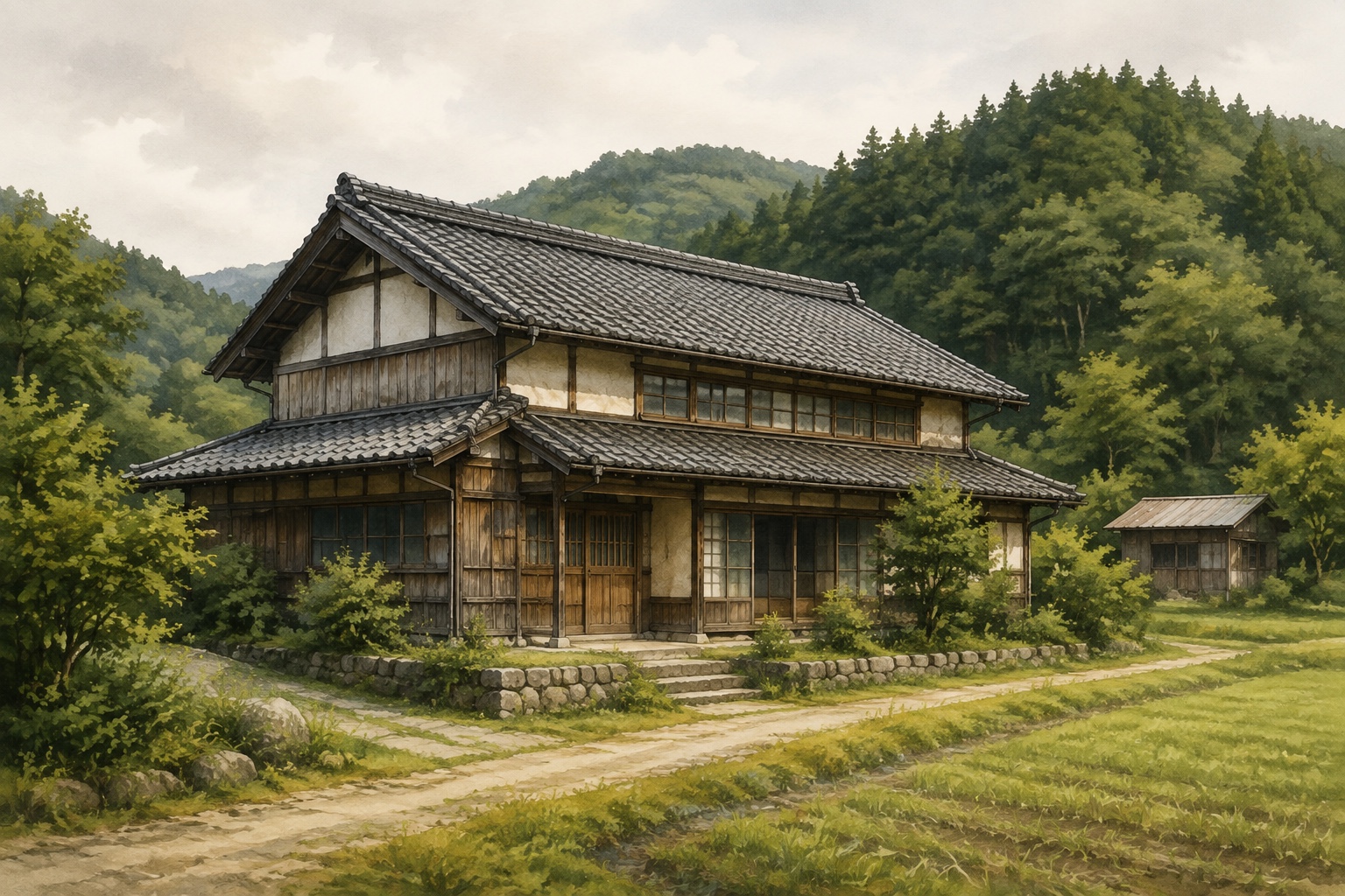 AI-generated conceptual illustration of a timber farmhouse in Kumenan; not the actual property