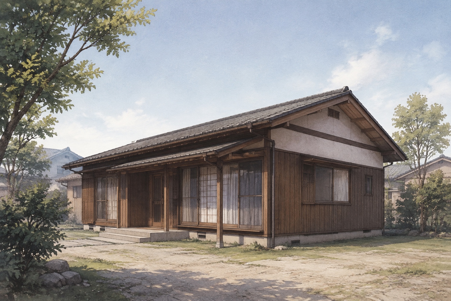 AI-generated conceptual illustration of a generic older single-storey timber house in Japan; not the actual property