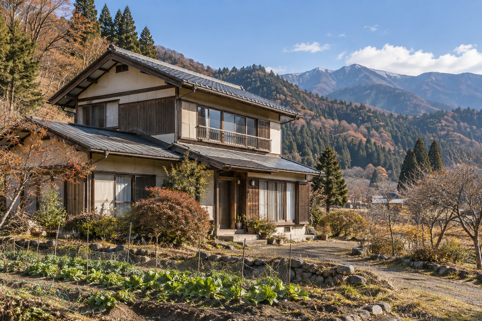 AI-generated conceptual illustration of a generic timber house in rural Nagano; not the actual property