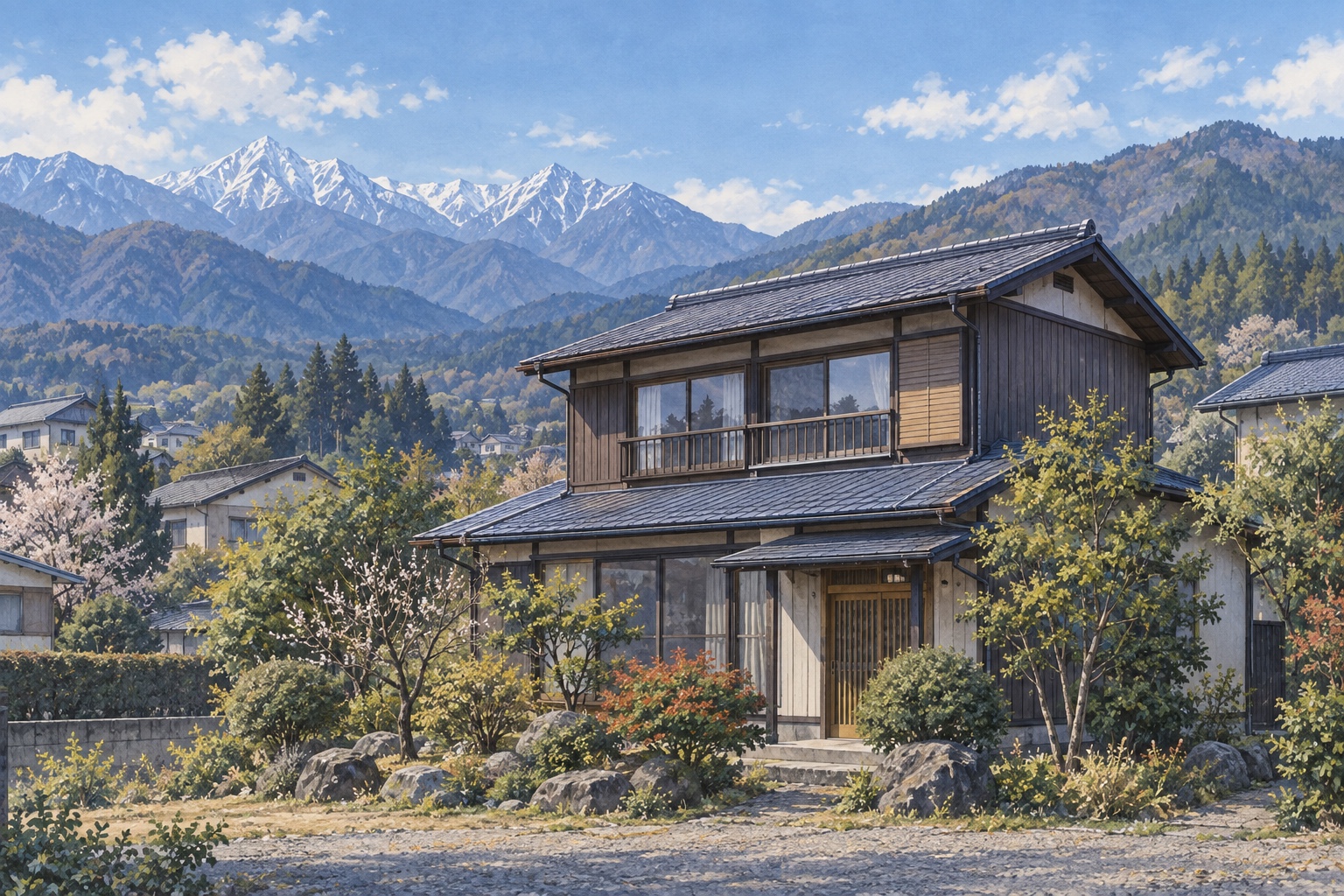 AI-generated conceptual illustration of a generic timber house near Matsumoto; not the actual property