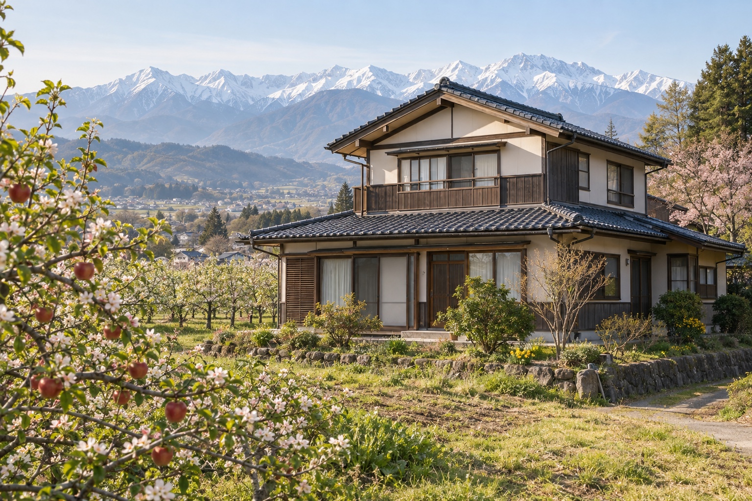 AI-generated conceptual illustration of a generic timber house beside an orchard in rural Nagano; not the actual property