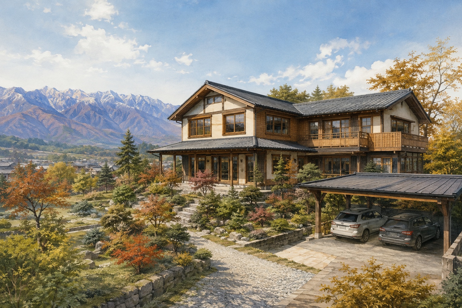AI-generated conceptual illustration of a generic large timber house in Matsumoto; not the actual property