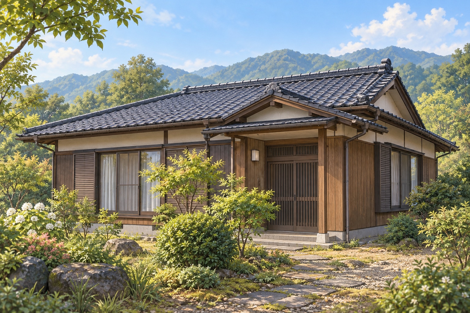 AI-generated conceptual illustration of a generic timber single-storey house in a leafy Japanese setting; not the actual property