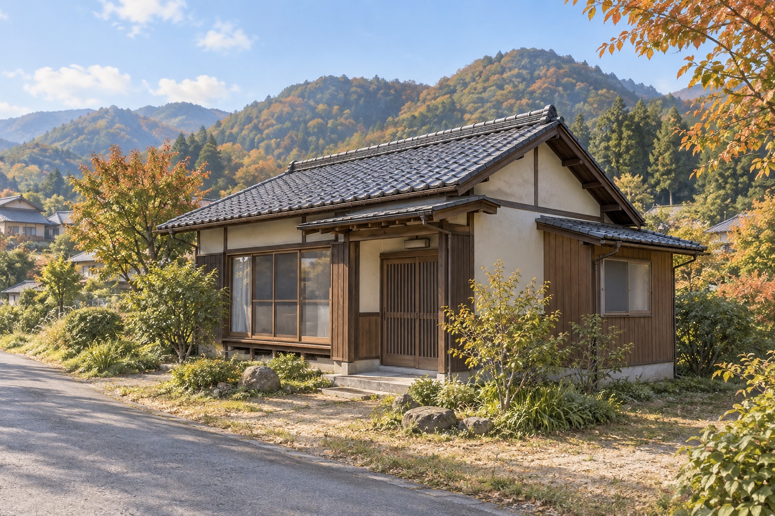 AI-generated conceptual illustration of a generic compact timber single-storey house in a leafy Japanese setting; not the actual property