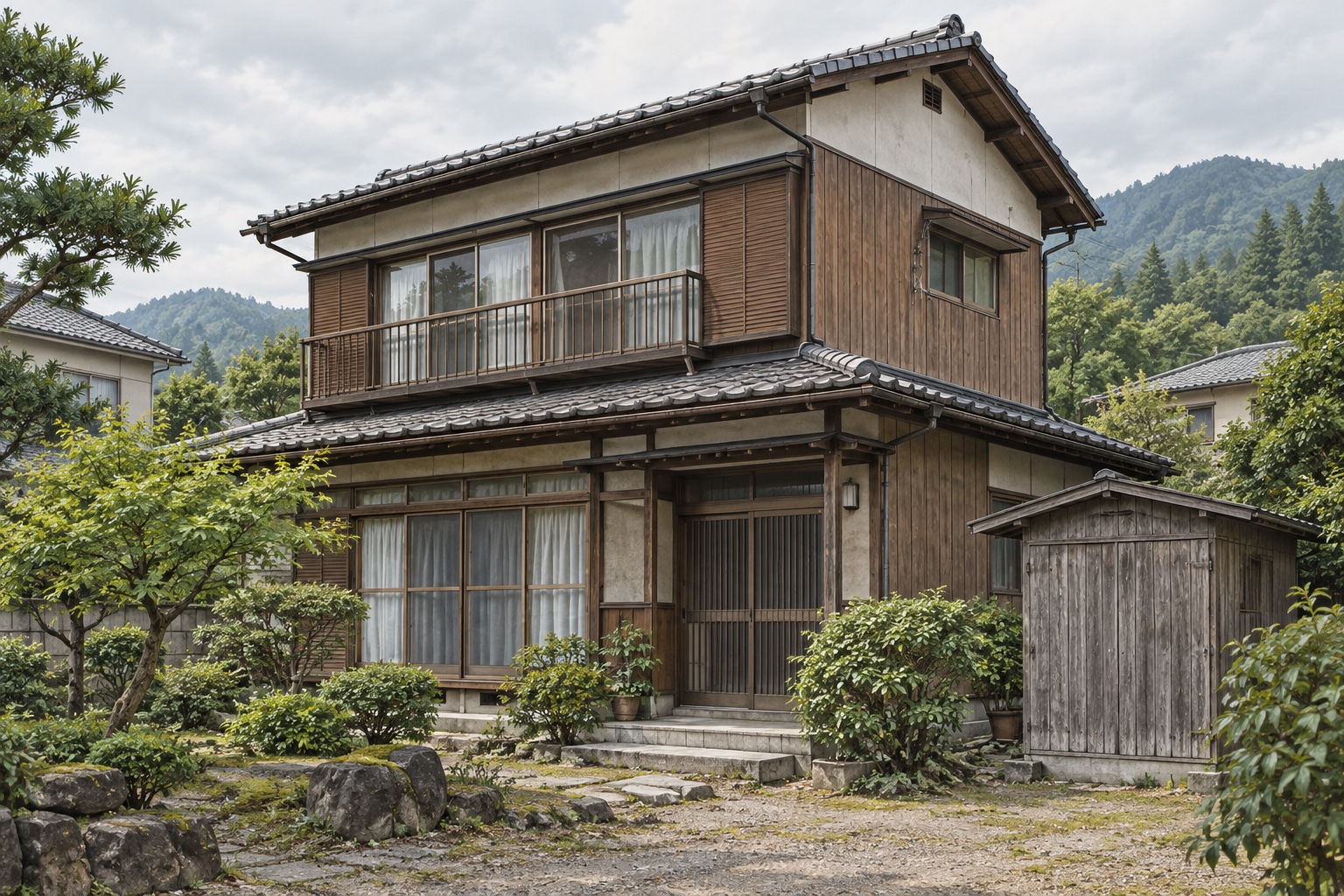 AI-generated conceptual illustration of a generic two-storey timber home with a shed in Gunma; not the actual property