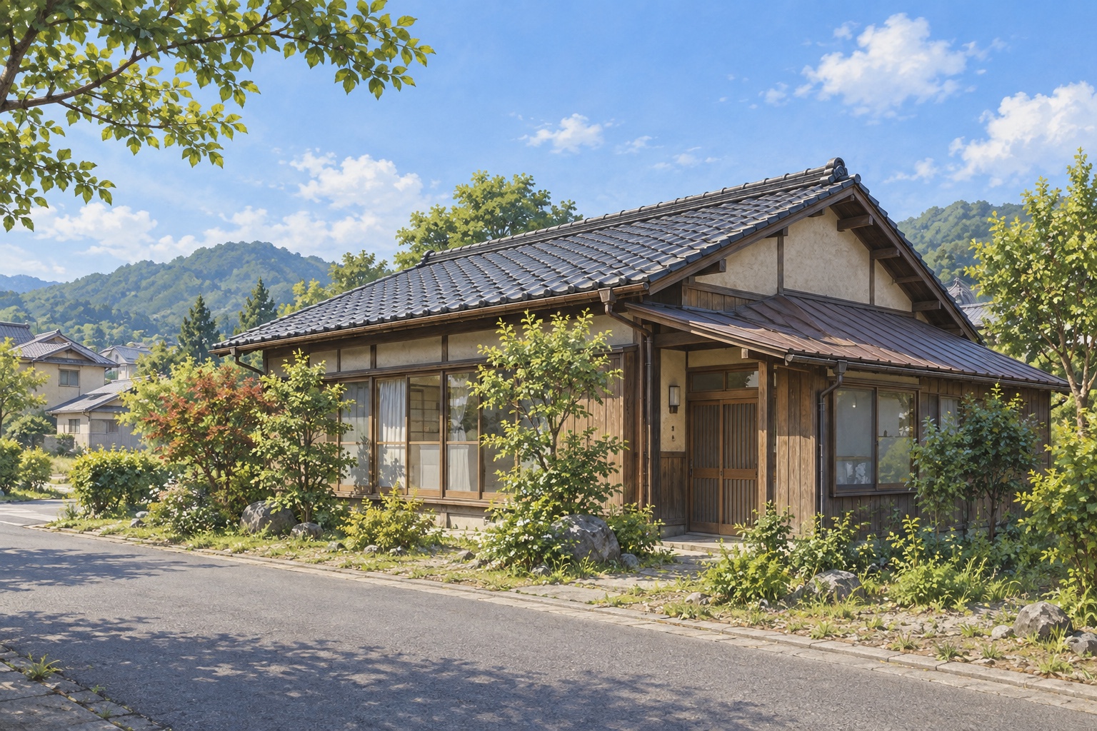 AI-generated conceptual illustration of a generic timber single-storey house in a leafy Japanese setting; not the actual property