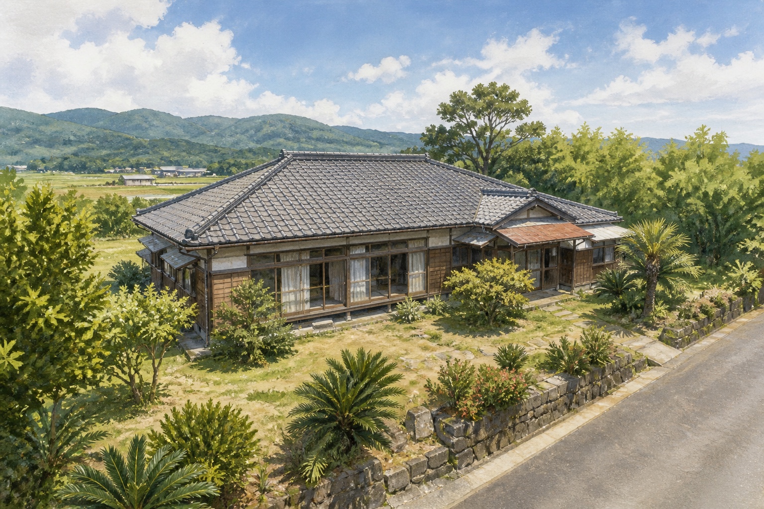 AI-generated conceptual illustration of a broad-plot single-storey house in Kawanabe; not the actual property