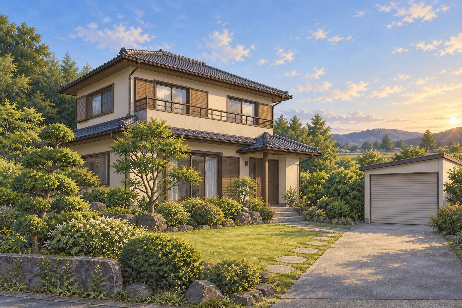 AI-generated conceptual illustration of a generic two-storey timber house in rural Chiba; not the actual property