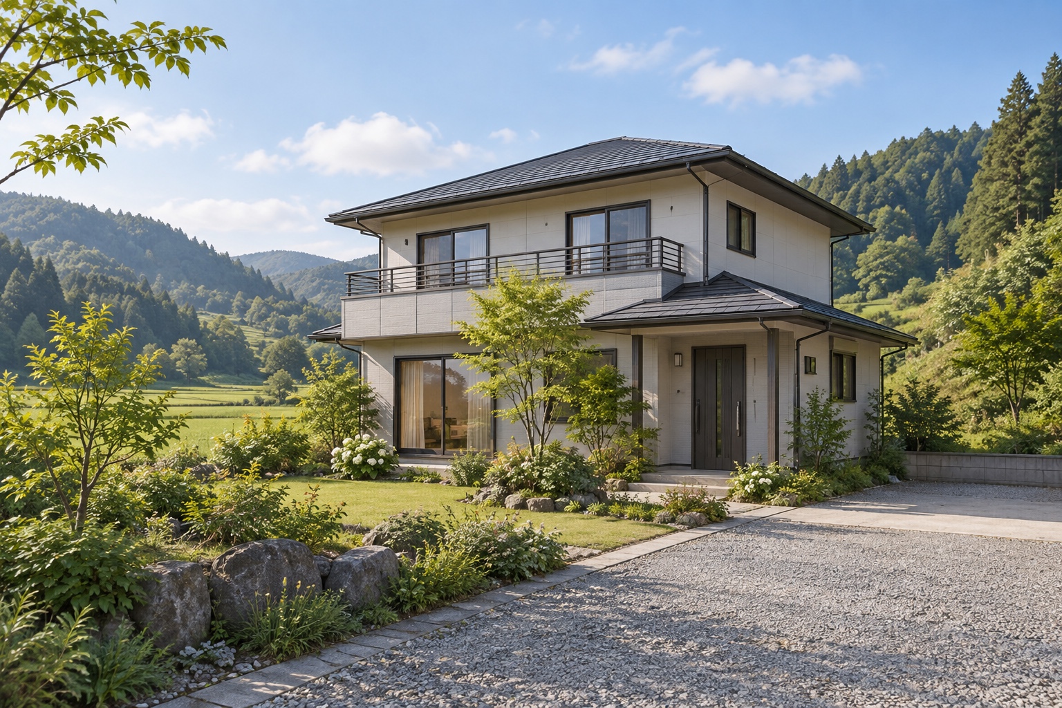 AI-generated conceptual illustration of a generic two-storey light-steel home in rural Japan; not the actual property