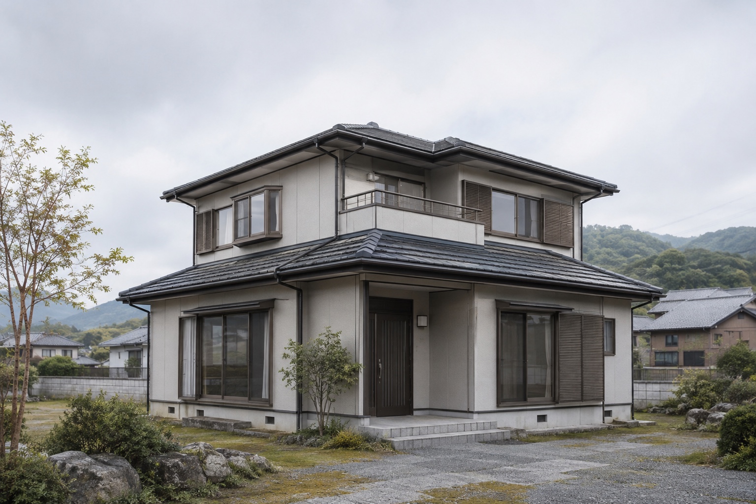 AI-generated conceptual illustration of a generic two-storey light-steel home in rural Japan; not the actual property