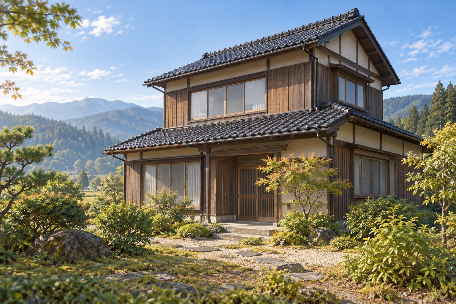 AI-generated conceptual illustration of a generic timber two-storey house in rural Toyama; not the actual property