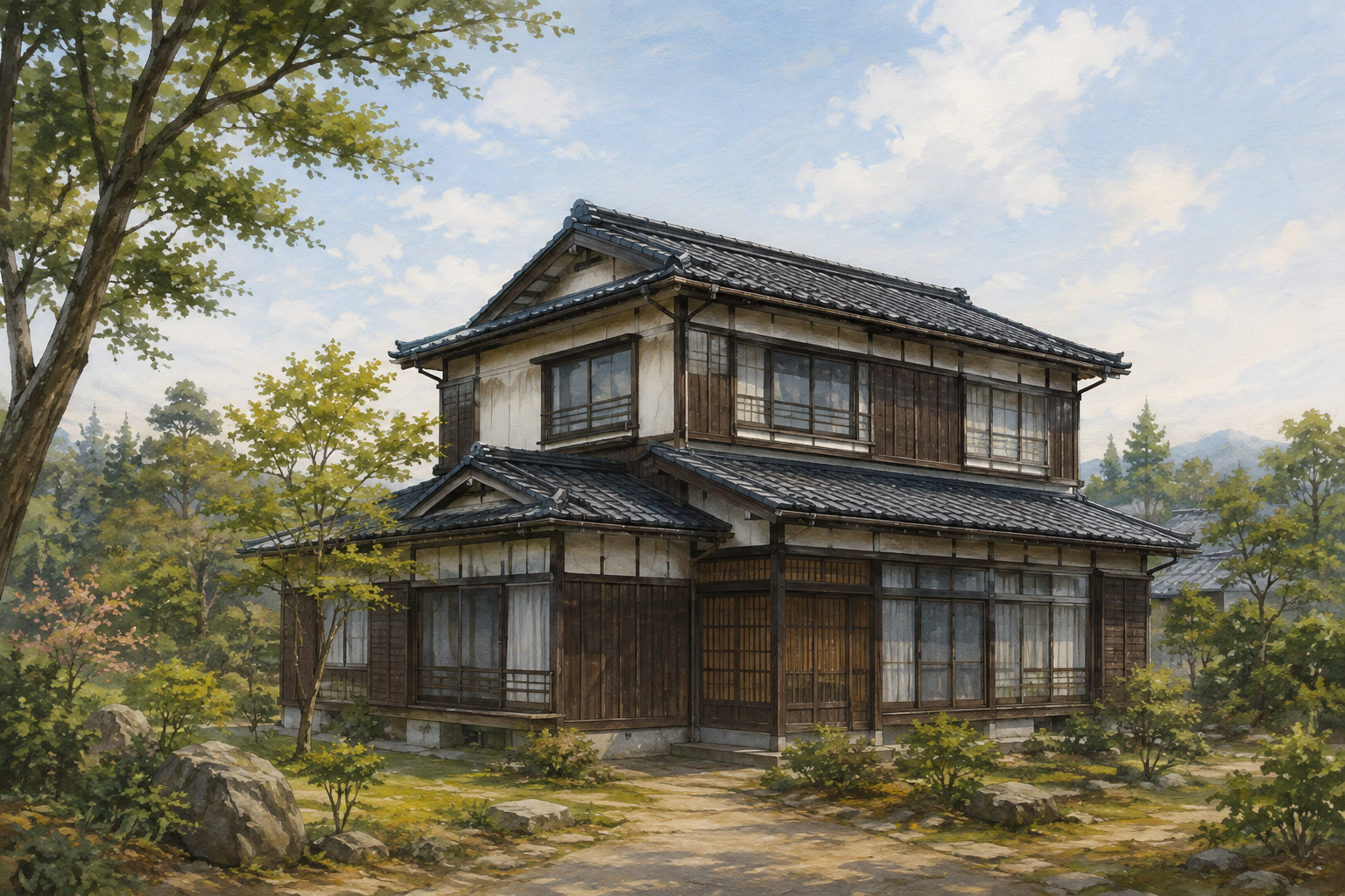 AI-generated conceptual illustration of a two-storey timber house in a rural Namerikawa setting; not the actual property
