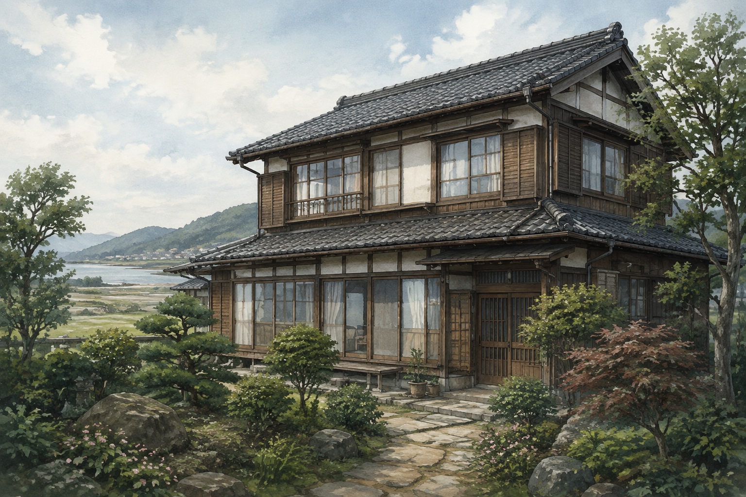 AI-generated conceptual illustration of a generic older timber home with a garden in rural Ishikawa; not the actual Nanao property