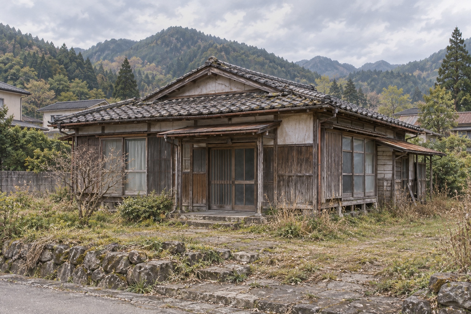 AI-generated conceptual illustration of a generic older single-storey Japanese house; not the actual property