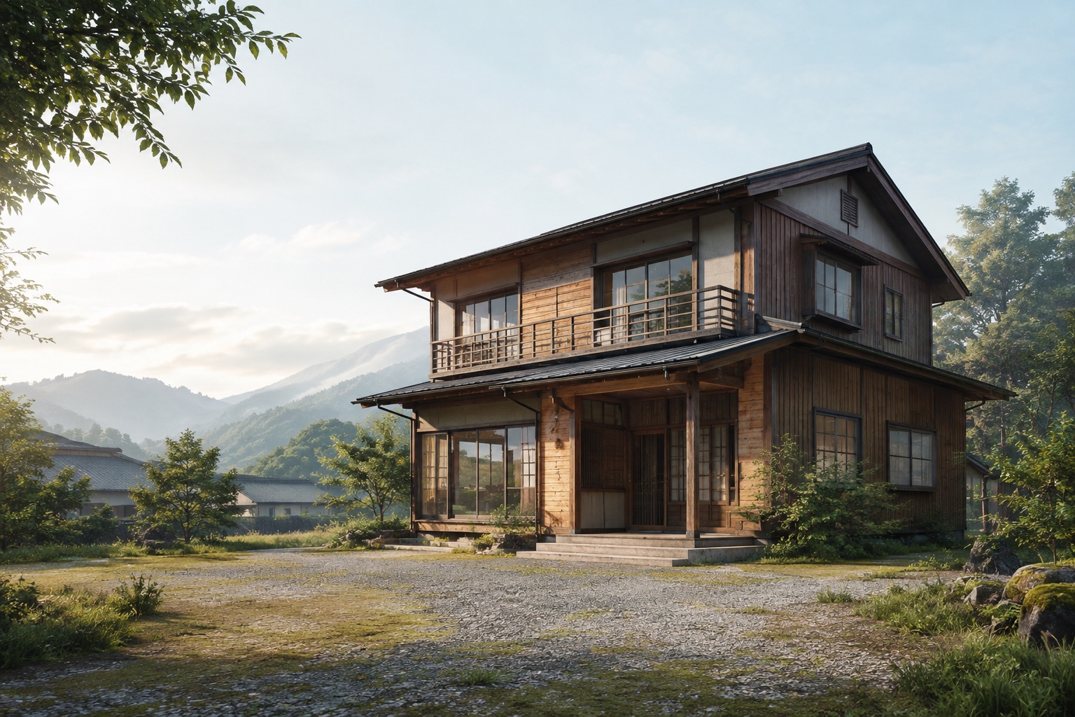AI-generated conceptual illustration of a generic two-storey wooden house in rural Yamagata; not the actual property