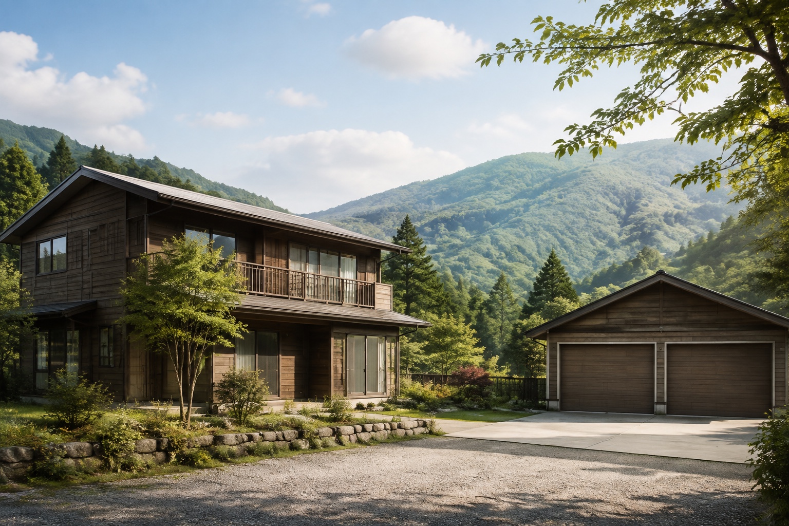AI-generated conceptual illustration of a generic two-storey timber home with garage in a mountain valley; not the actual Nishikawa property