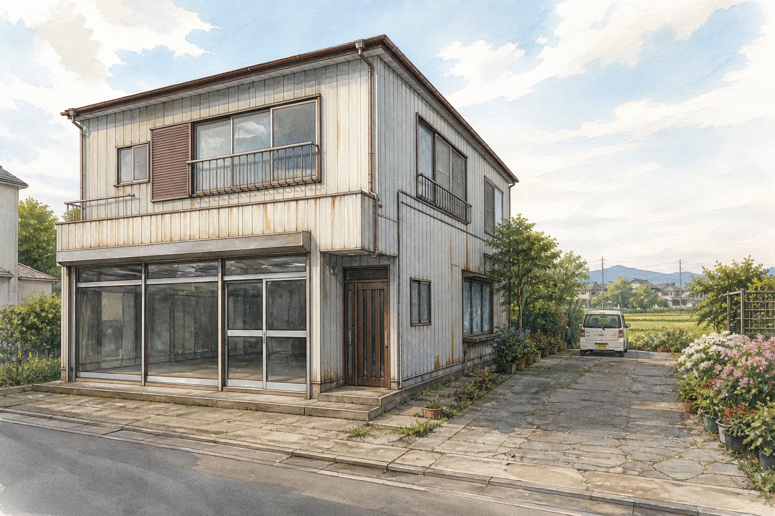 AI-generated conceptual illustration of a spacious live-work rental on a broad Ome lot; not the actual property