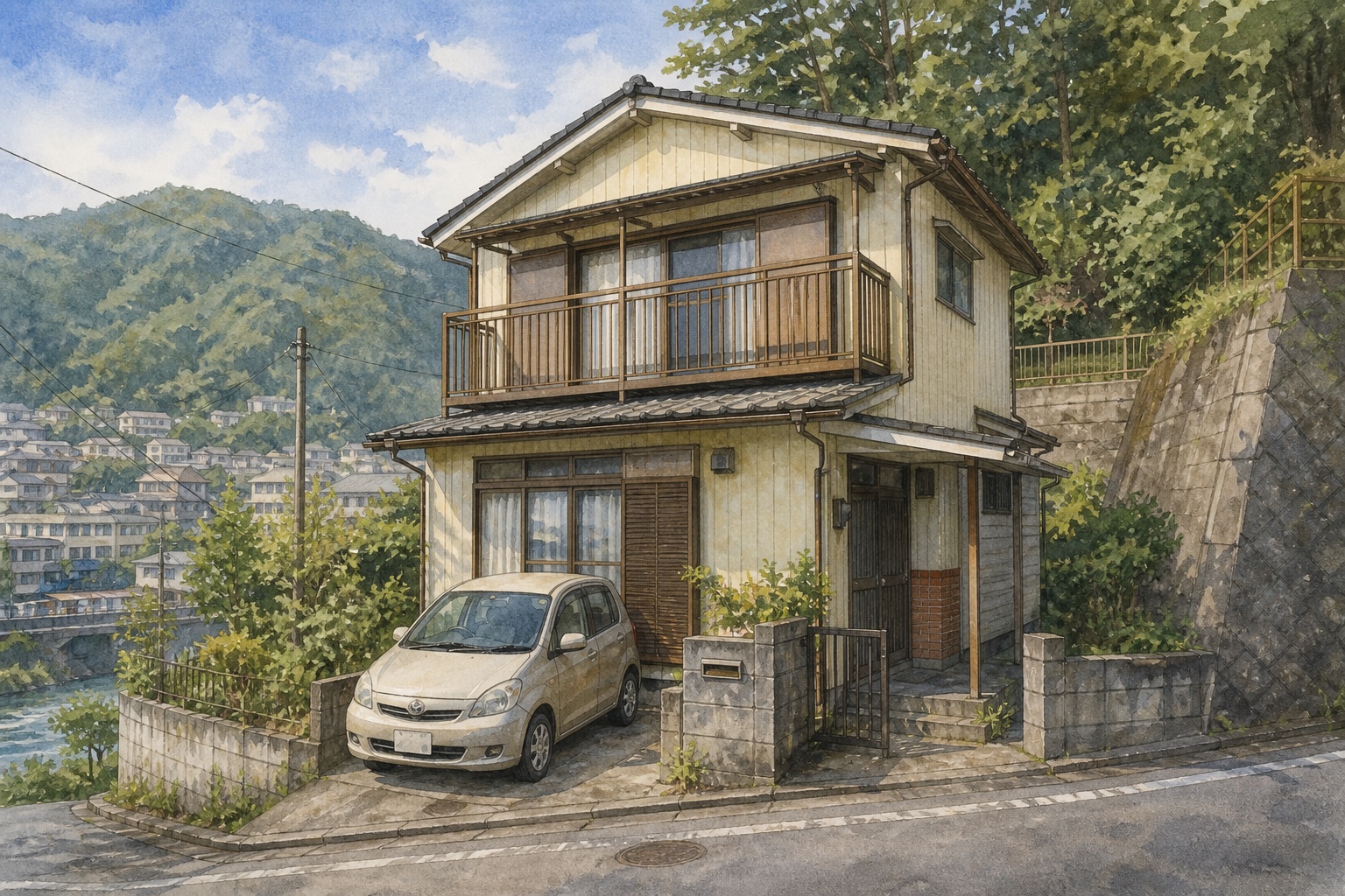 AI-generated conceptual illustration of a compact timber house near the hills of Mitakehoncho; not the actual property