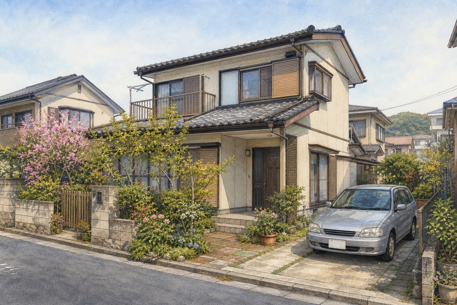 AI-generated conceptual illustration of a four-room timber garden house in Nagabuchi; not the actual property