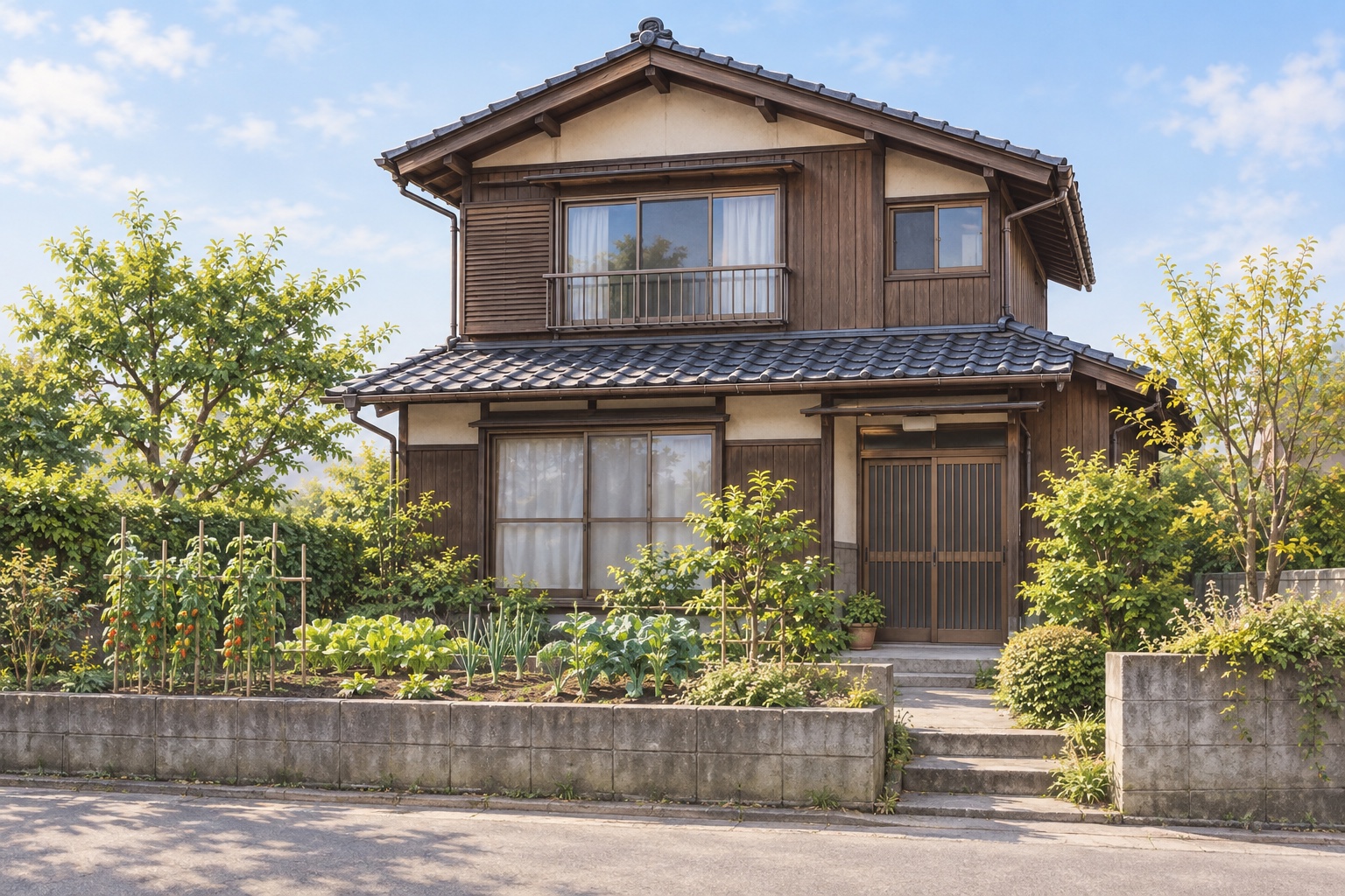 AI-generated conceptual illustration of a generic two-storey timber house with a small garden; not the actual property