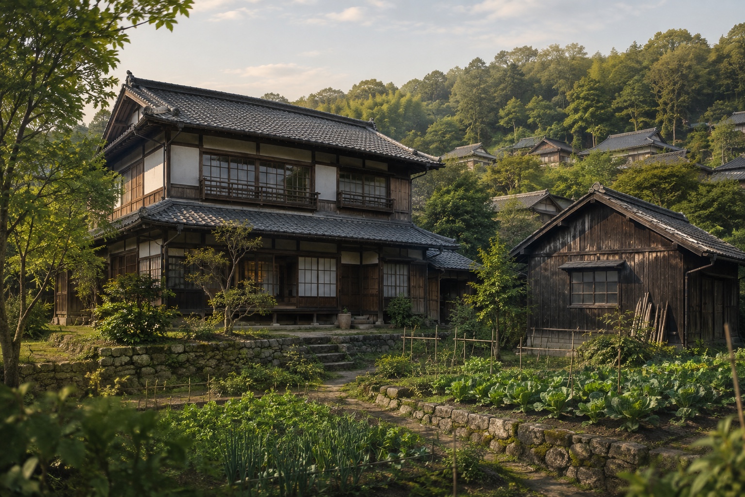 AI-generated conceptual illustration of a timber house and garden for a Saka Town sale listing; not the actual property