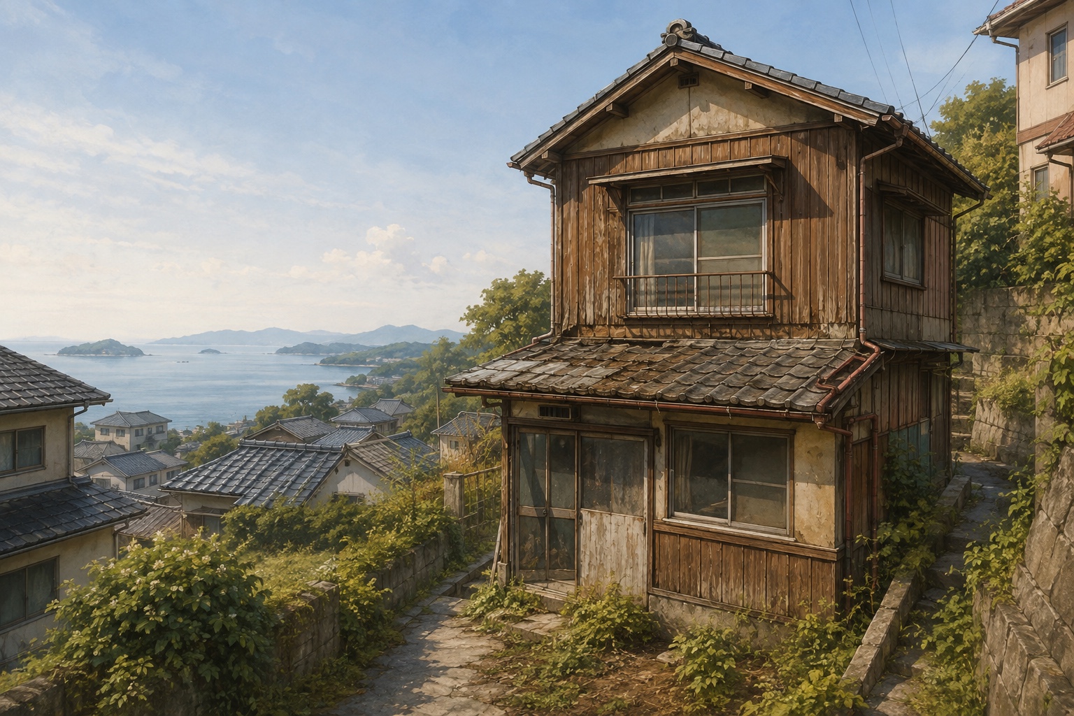 AI-generated conceptual illustration of an older timber house on an elevated coastal hillside in Saka; not the actual property