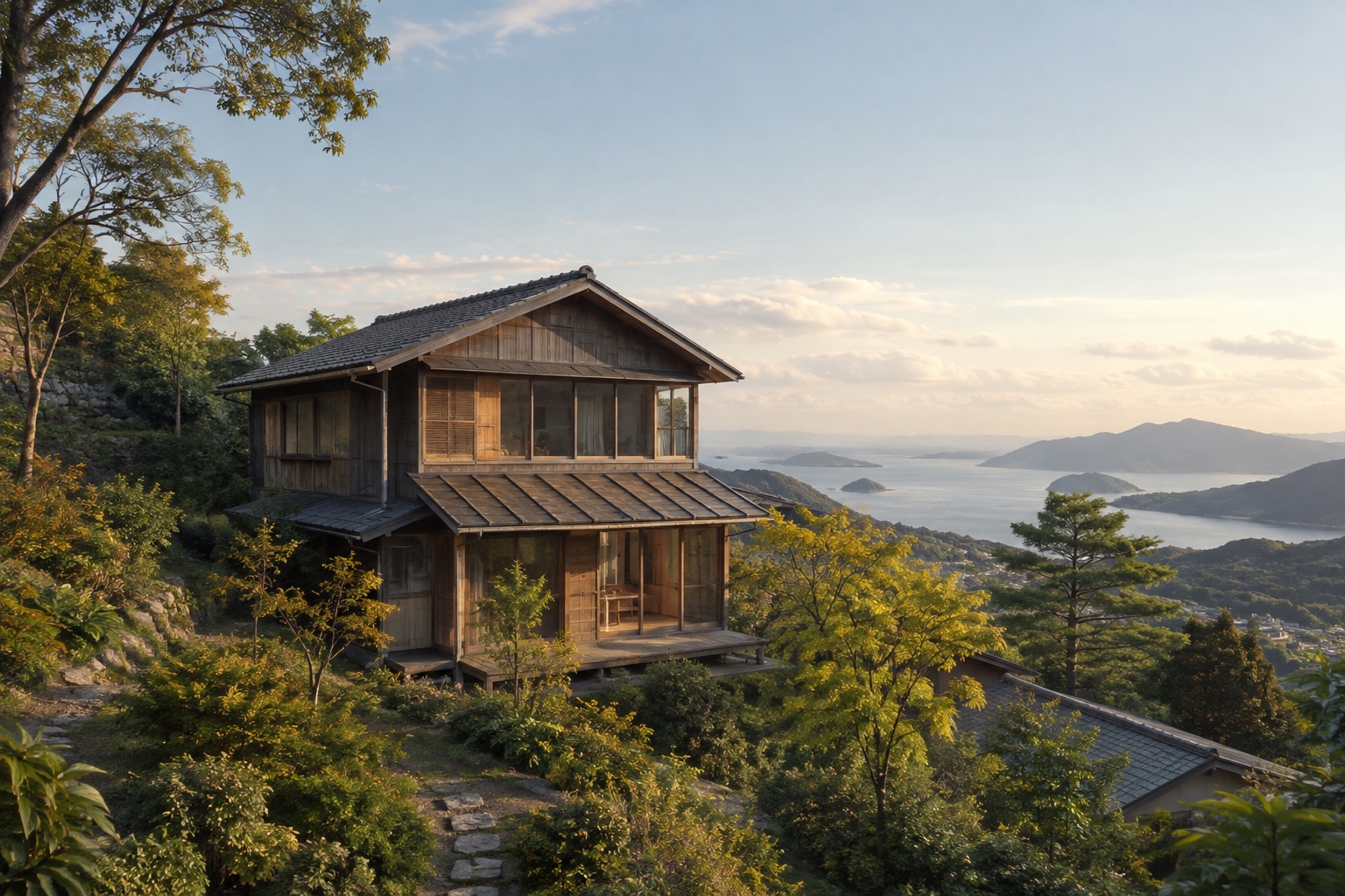 AI-generated conceptual illustration of a generic timber hillside house with a distant sea view; not the actual Saka property