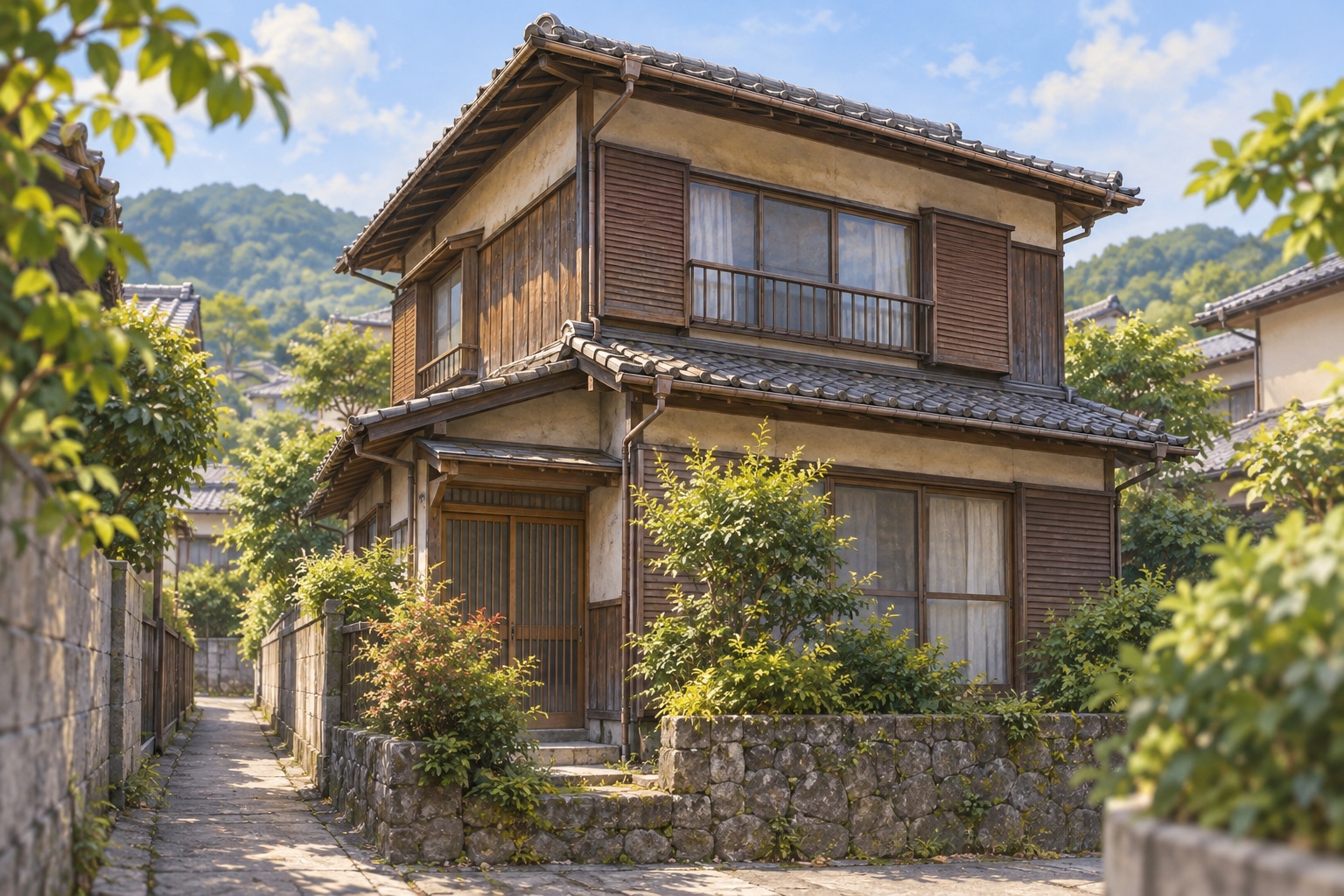 AI-generated conceptual illustration of a generic older timber house in Saka; not the actual property