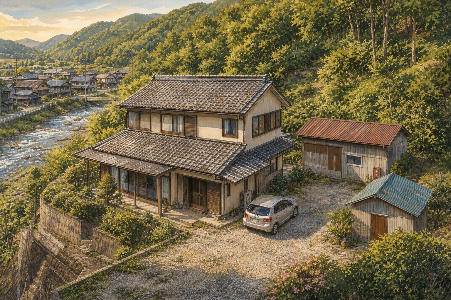 AI-generated conceptual illustration of a sunny village house with accessory buildings near Sayo; not the actual property