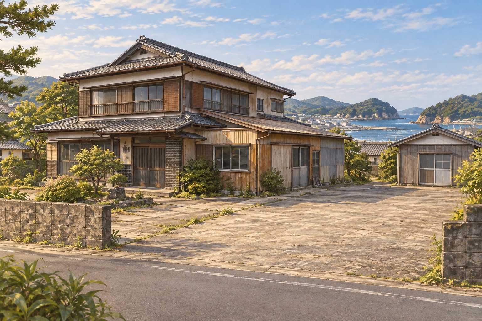 AI-generated conceptual illustration for the house, workshop and separate-building listing in Hamajima, Shima; not the actual property