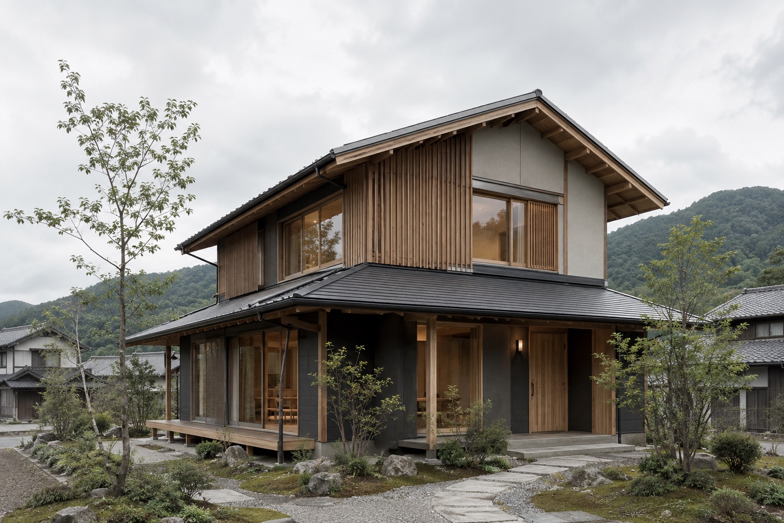AI-generated conceptual illustration of a generic two-storey timber home in rural Japan; not the actual property