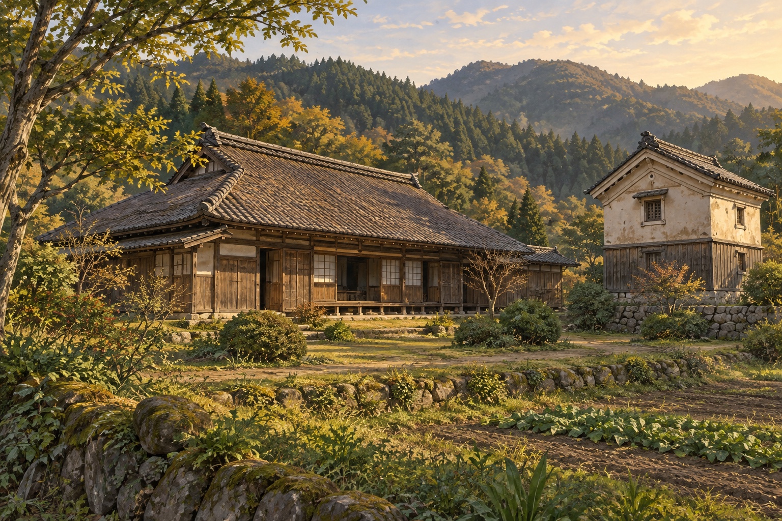 AI-generated conceptual illustration of a generic historic timber farmhouse and kura storehouse in a wooded Japanese village; not the actual property