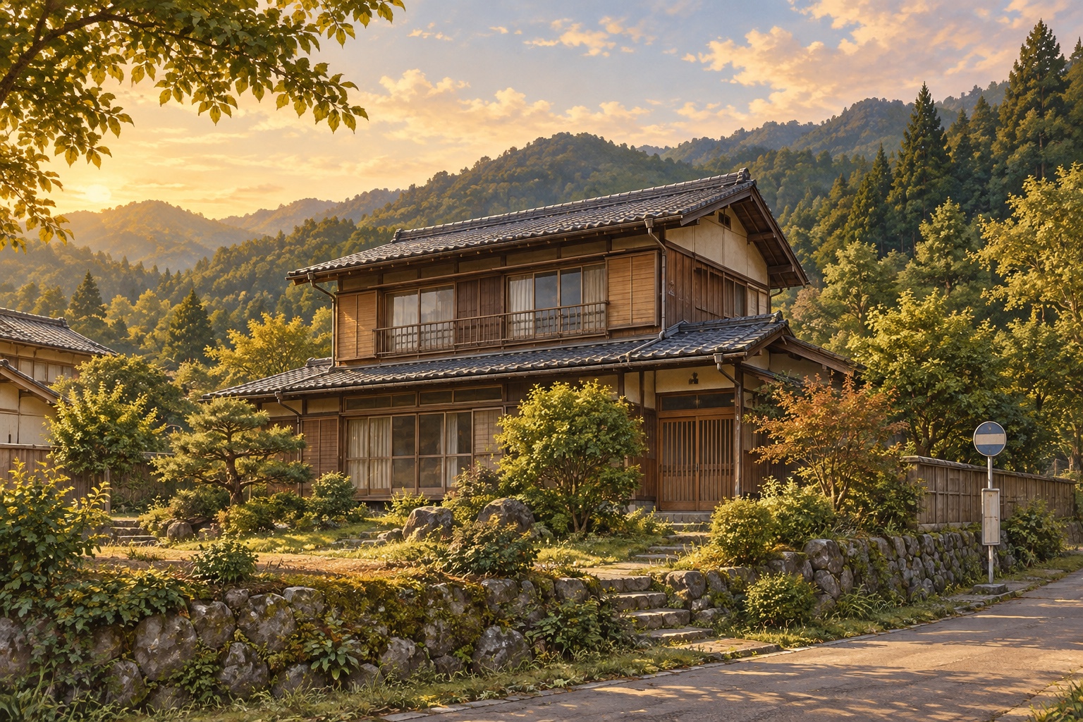 AI-generated conceptual illustration of a generic timber two-storey house in a wooded Japanese village; not the actual property