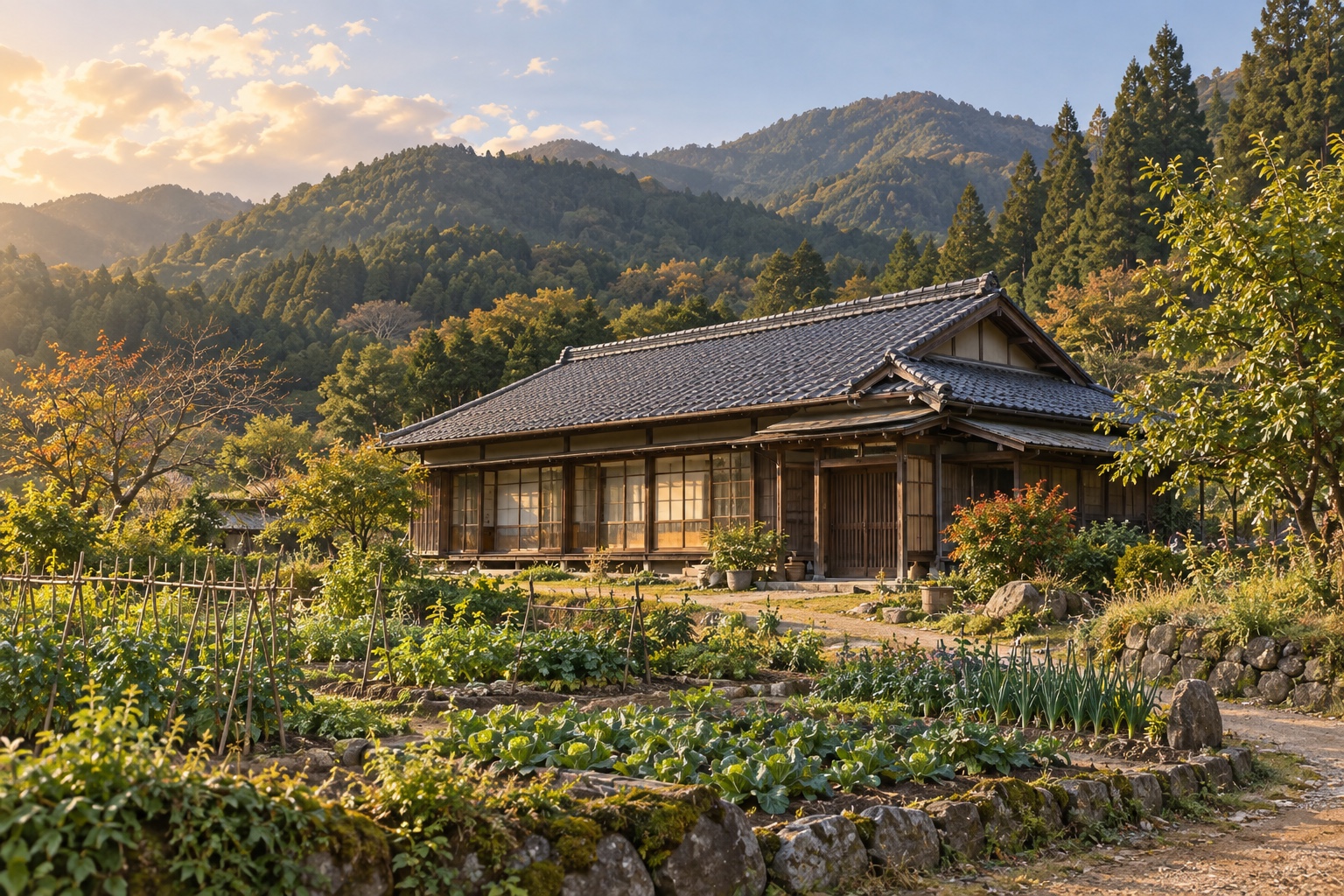 AI-generated conceptual illustration of a generic historic timber farmhouse with a vegetable garden in a mountain village; not the actual property