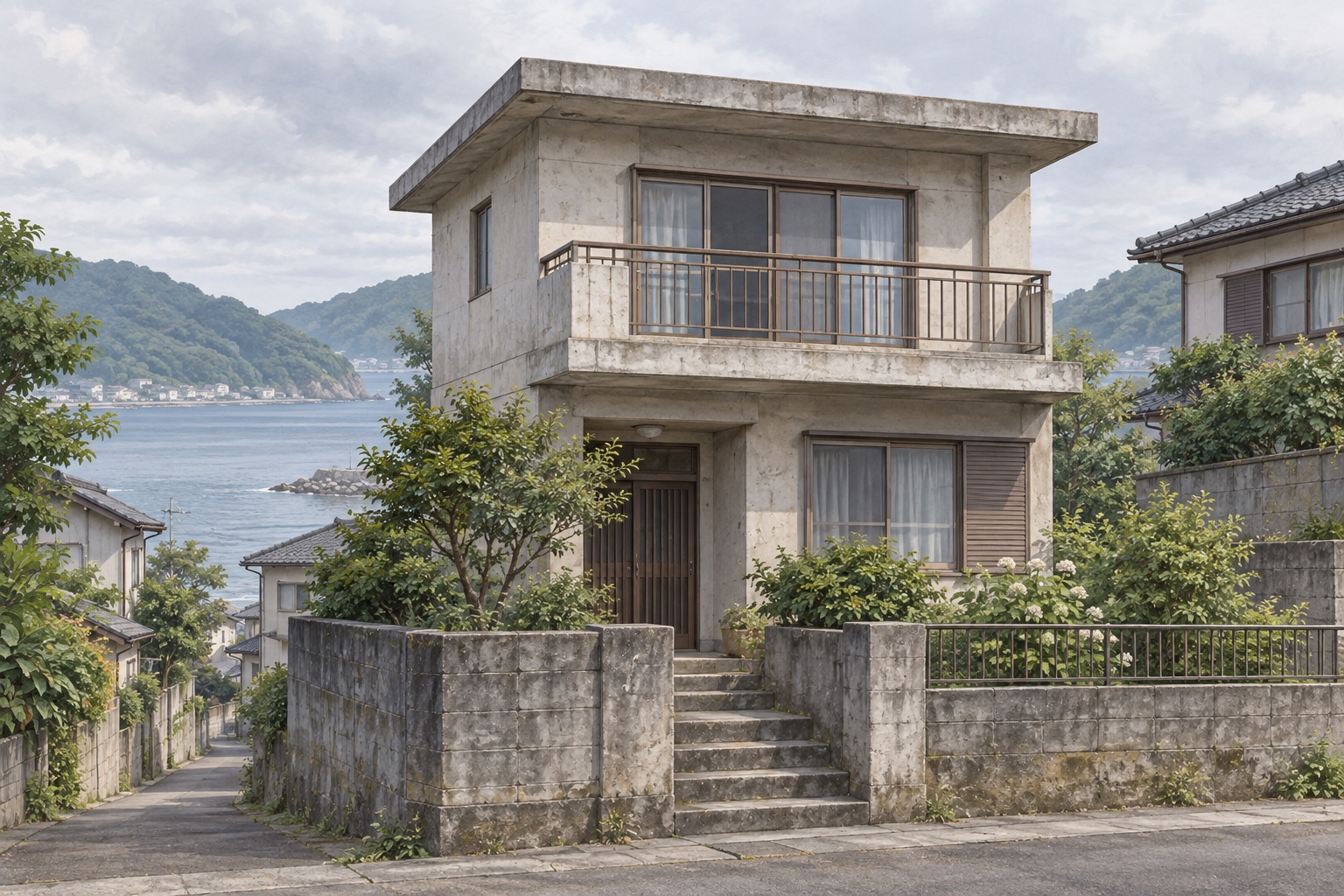 AI-generated conceptual illustration of a generic two-storey concrete Japanese house; not the actual property
