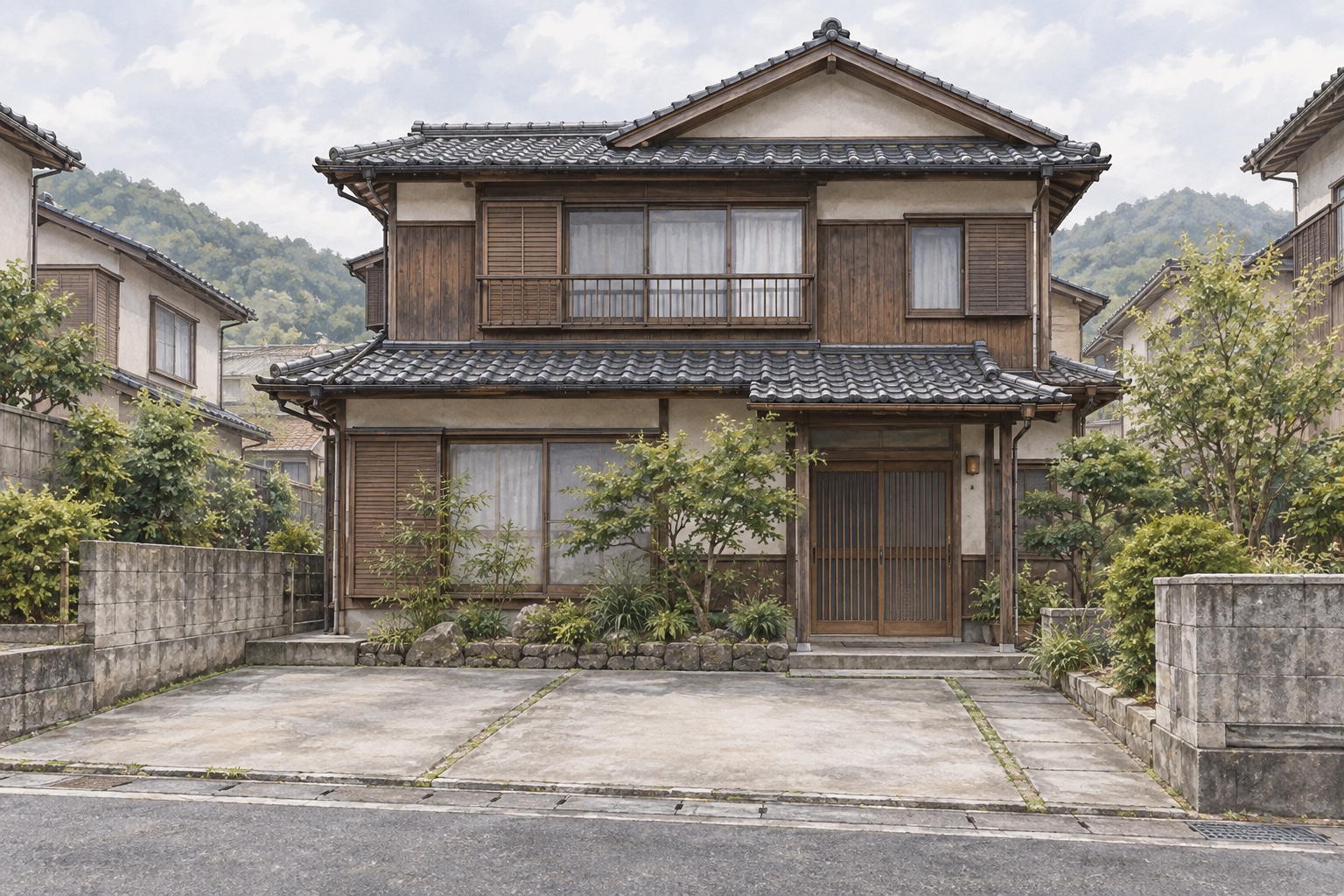 AI-generated conceptual illustration of a generic two-storey Japanese timber house; not the actual property