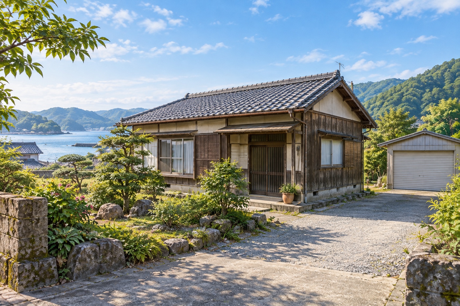 AI-generated conceptual illustration of a generic single-storey Japanese timber house in Tsukumi; not the actual property