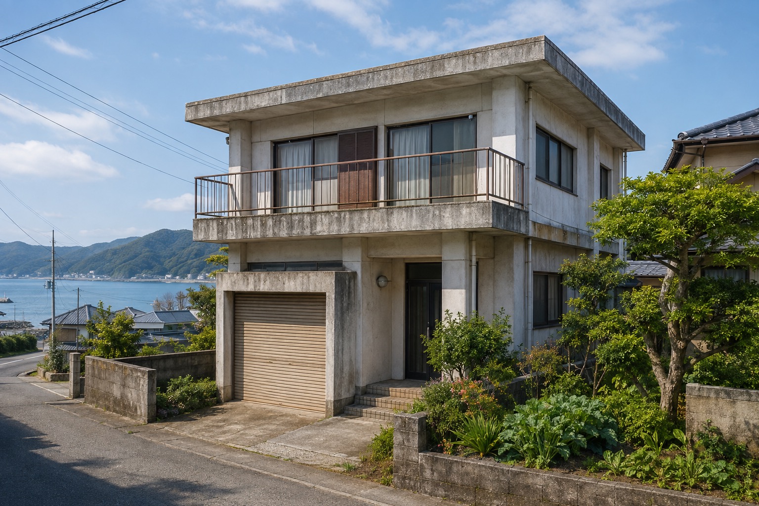 AI-generated conceptual illustration of a generic older reinforced-concrete house with a garage in Kyushu; not the actual property