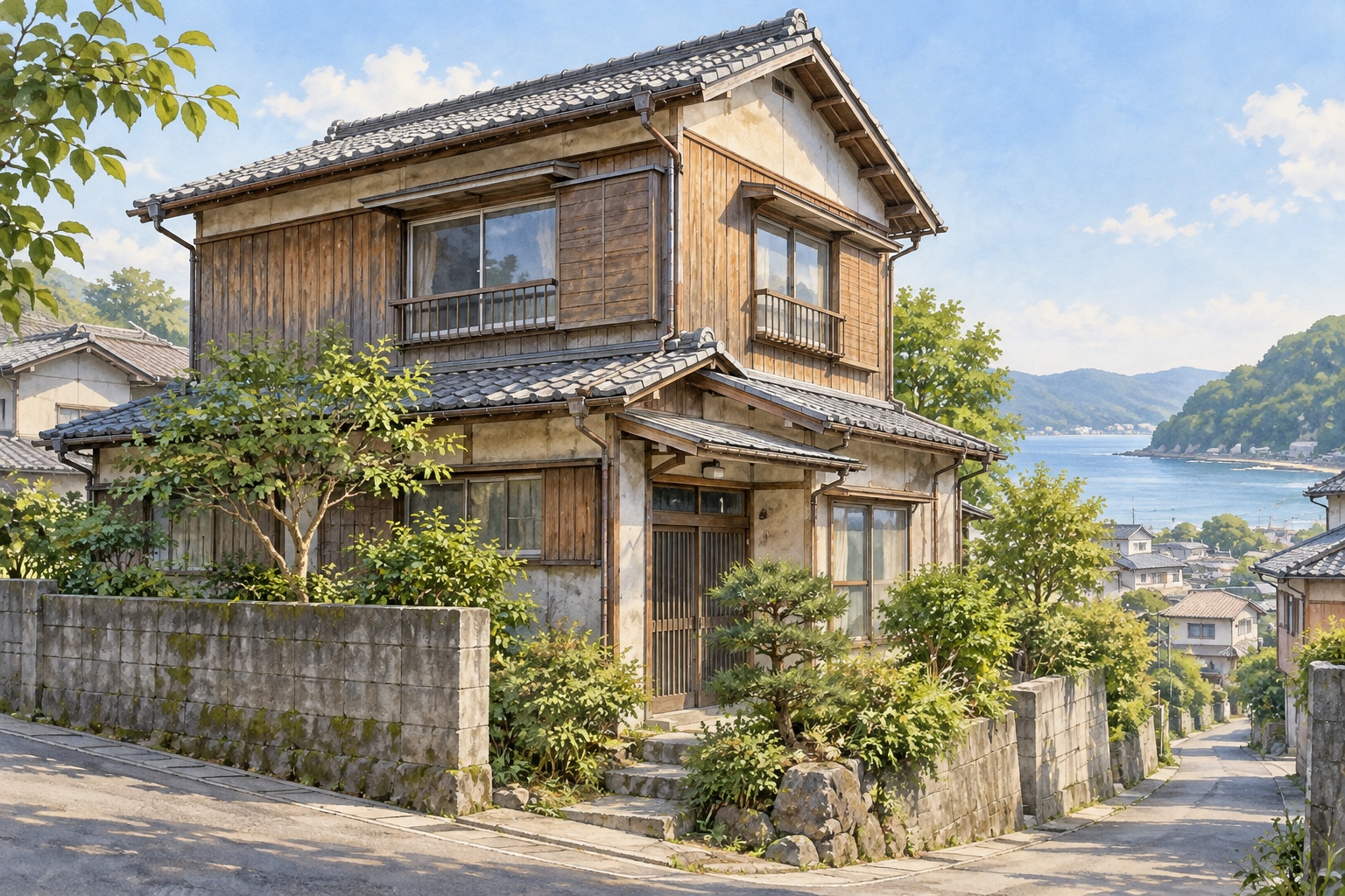AI-generated conceptual illustration of a generic two-storey Japanese timber house in Tsukumi; not the actual property