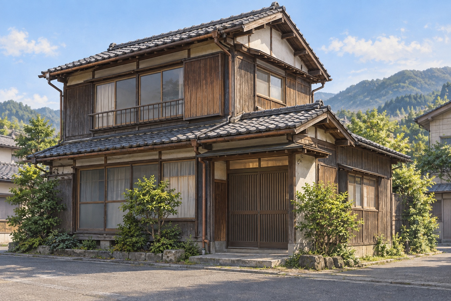 AI-generated conceptual illustration of a generic aged timber home in an urban Fukui neighborhood; not the actual property