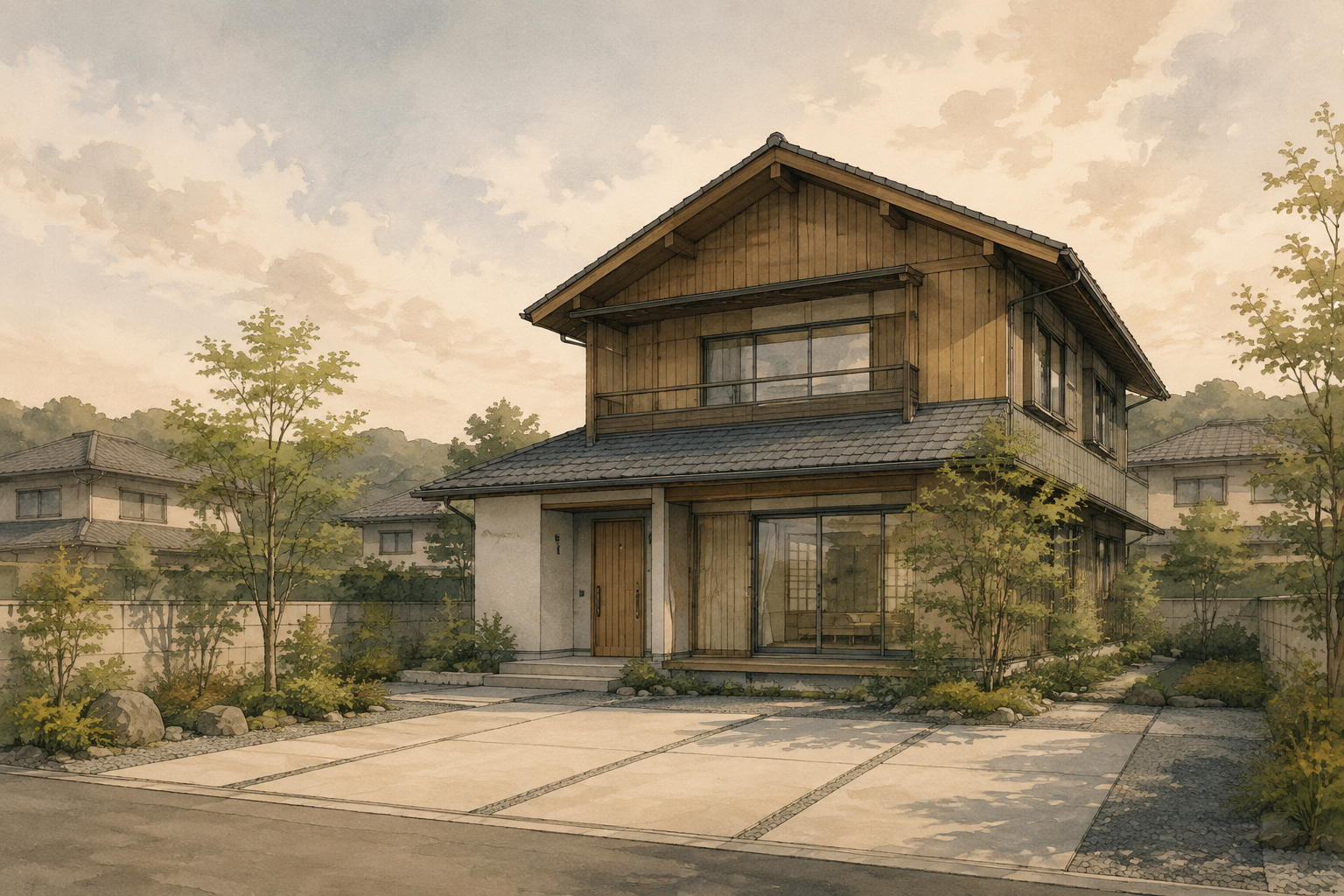 AI-generated conceptual illustration of a generic two-storey timber home in Tsuruga; not the actual property