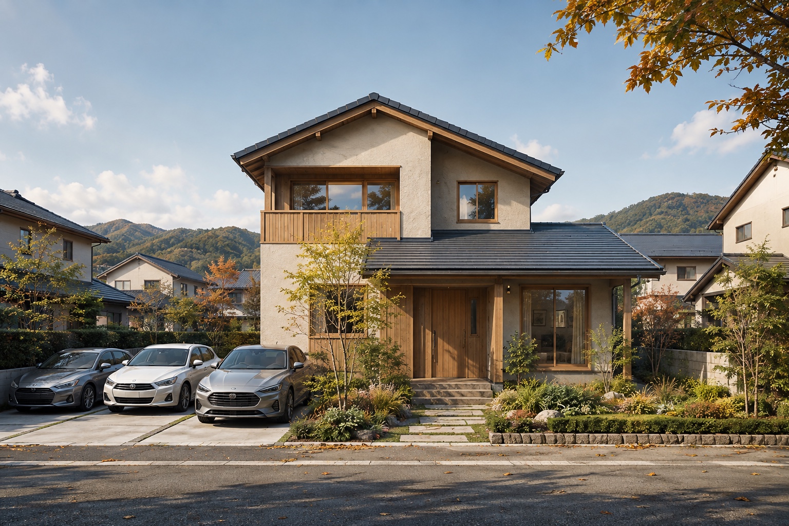 AI-generated conceptual illustration of a generic contemporary timber house with three parking spaces in Tsuruga; not the actual property