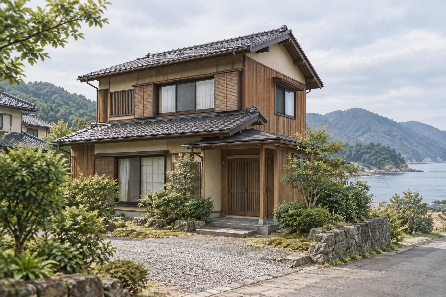 AI-generated conceptual illustration of a generic timber home in Tsuruga; not the actual property