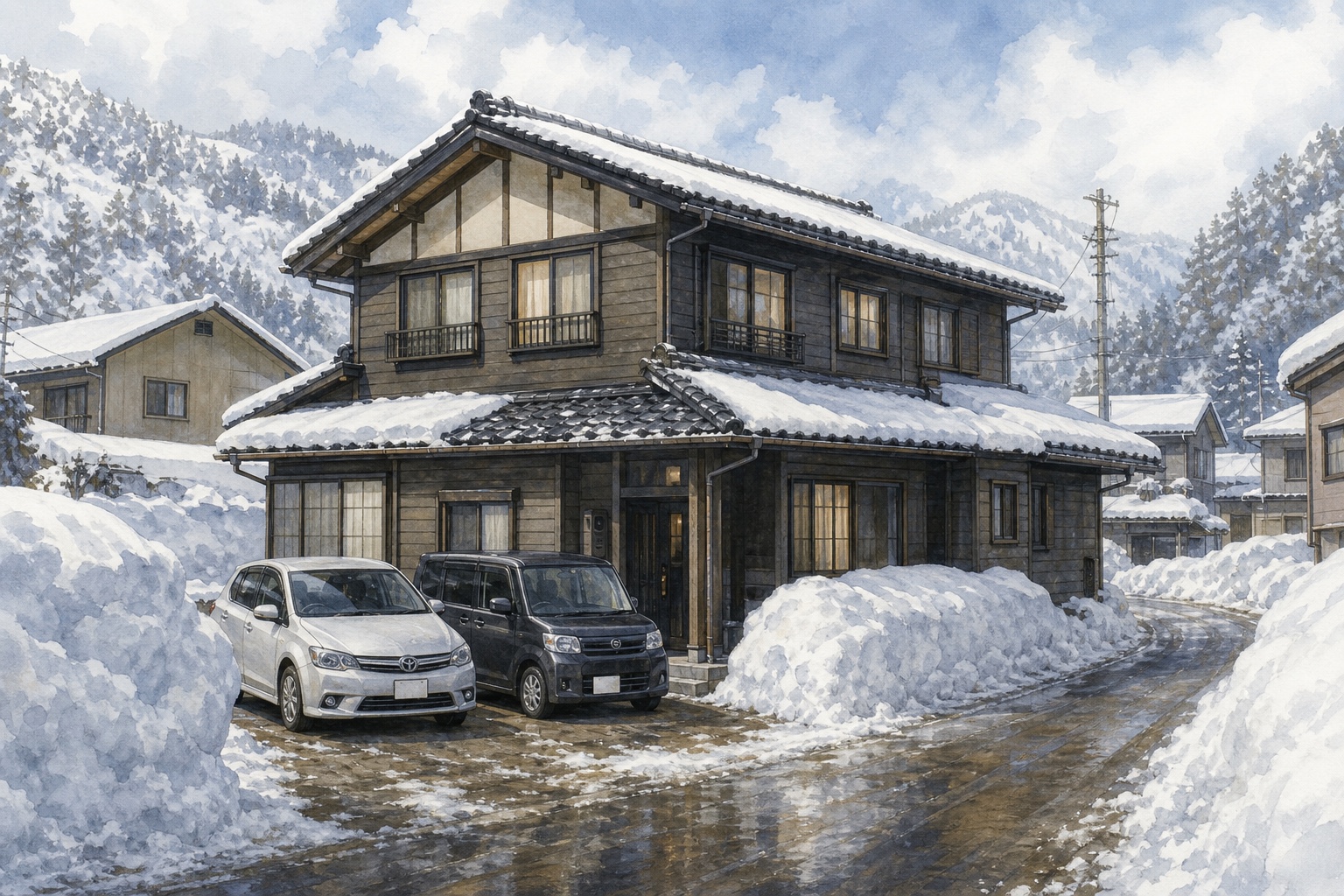 AI-generated conceptual illustration of a spacious snow-country house in Uonuma; not the actual property