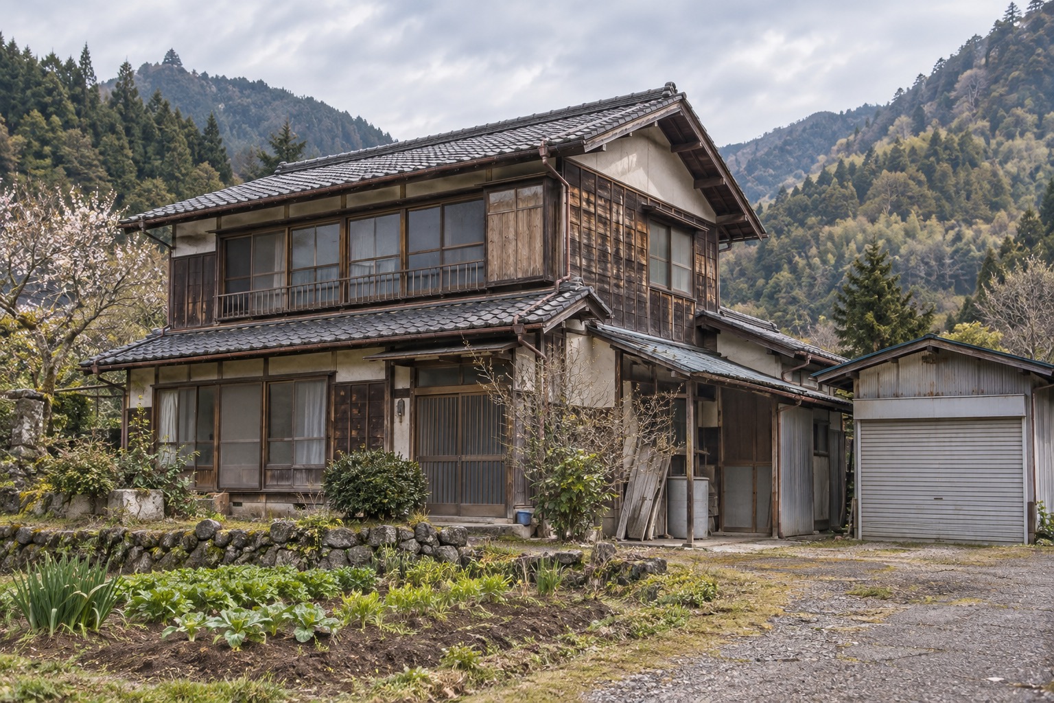 AI-generated conceptual illustration of a generic wooden two-storey rural Japanese house; not the actual property