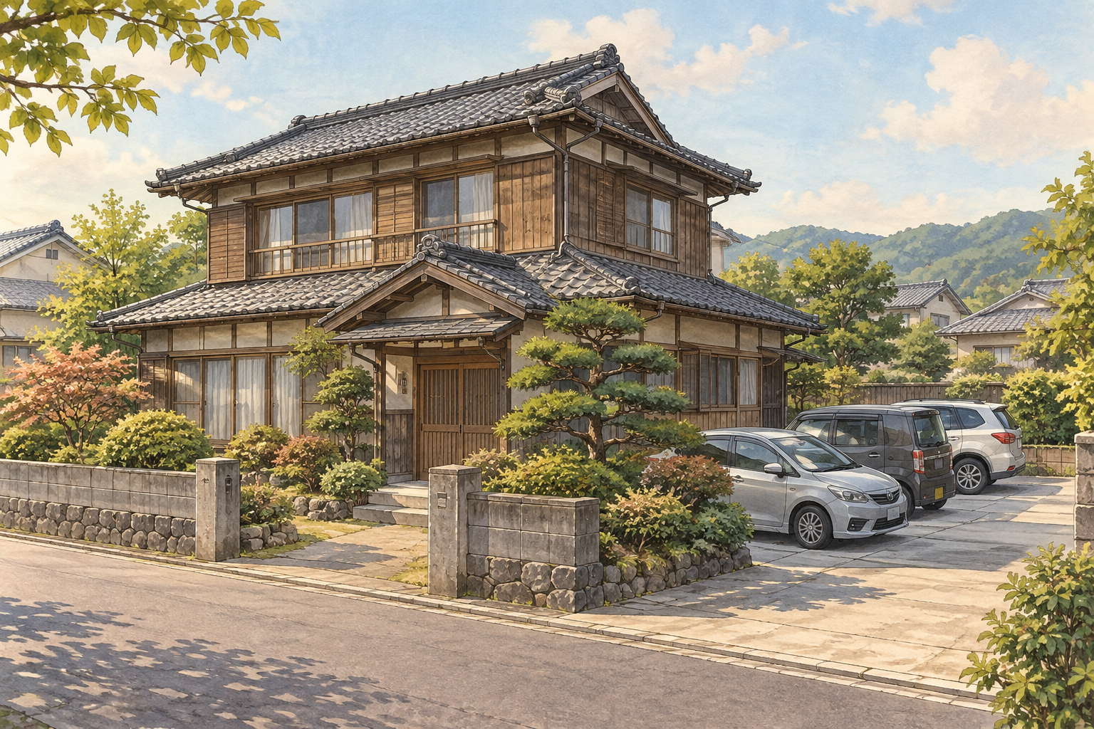 AI-generated conceptual illustration of a two-storey timber house in a Yame residential area; not the actual property